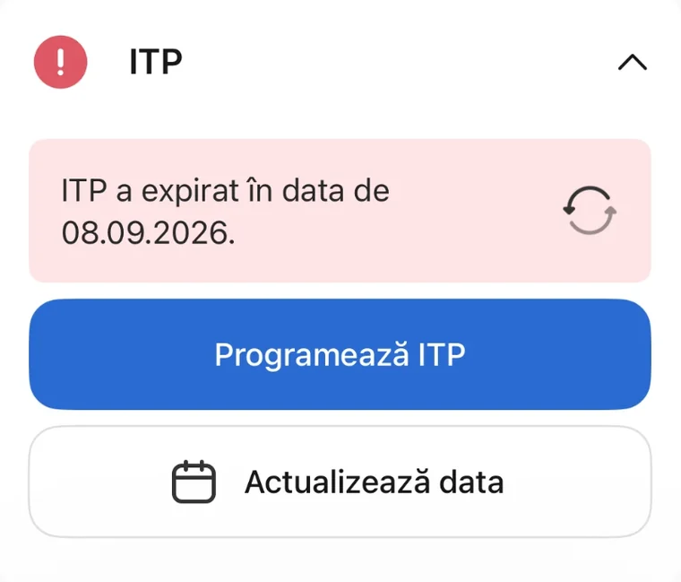 Ecran din aplicația Reasig: cardul ITP cu mesajul „ITP a expirat în data de 08.09.2026” și butoanele Programează ITP și Actualizează data