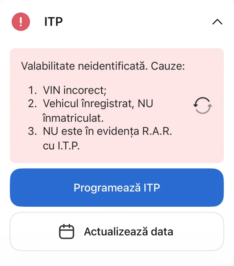 Ecran din aplicația Reasig: cardul ITP cu mesajul „Valabilitate neidentificată” și cauzele - VIN incorect, vehicul înregistrat nu înmatriculat, nu este în evidența RAR cu ITP