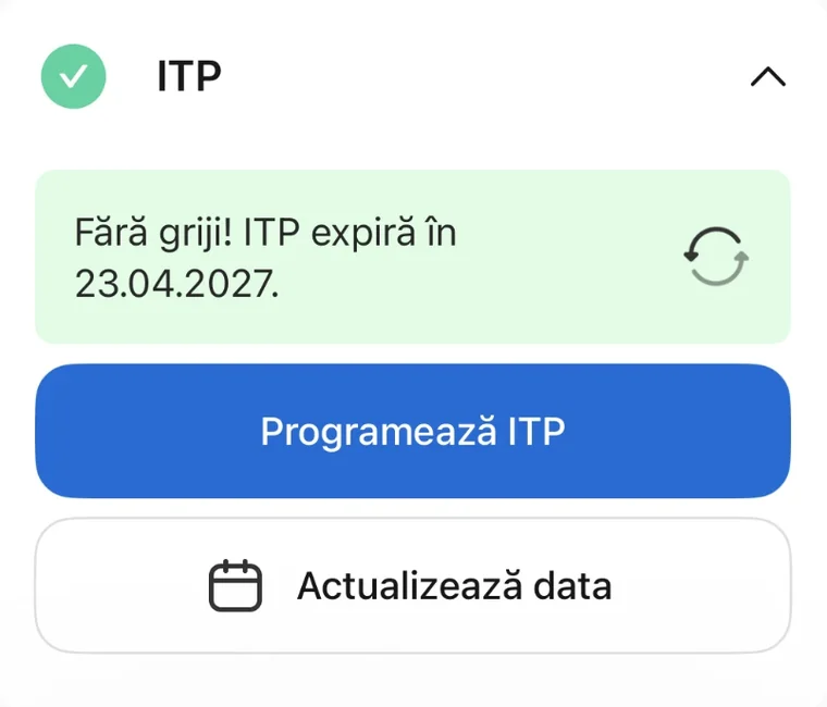 Ecran din aplicația Reasig: cardul ITP cu mesajul „Fără griji! ITP expiră în 23.04.2027” și butoanele Programează ITP și Actualizează data