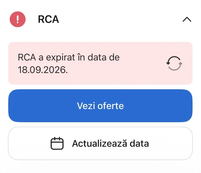 Ecran din aplicația Reasig: cardul RCA cu mesajul „RCA a expirat în data de 18.09.2026” și butoanele Vezi oferte și Actualizează data