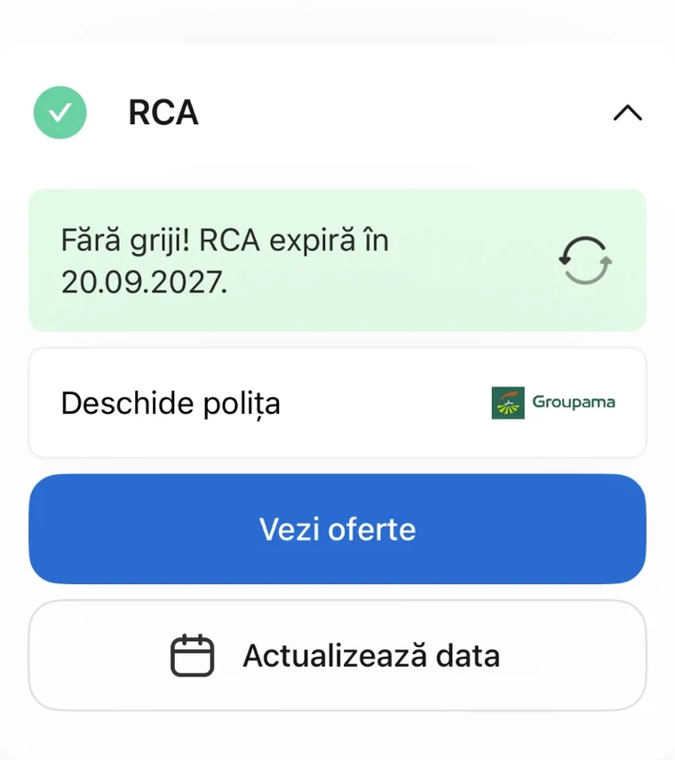 Ecran din aplicația Reasig: cardul RCA cu mesajul „Fără griji! RCA expiră în 20.09.2027”, polița Groupama și butoanele Vezi oferte și Actualizează data