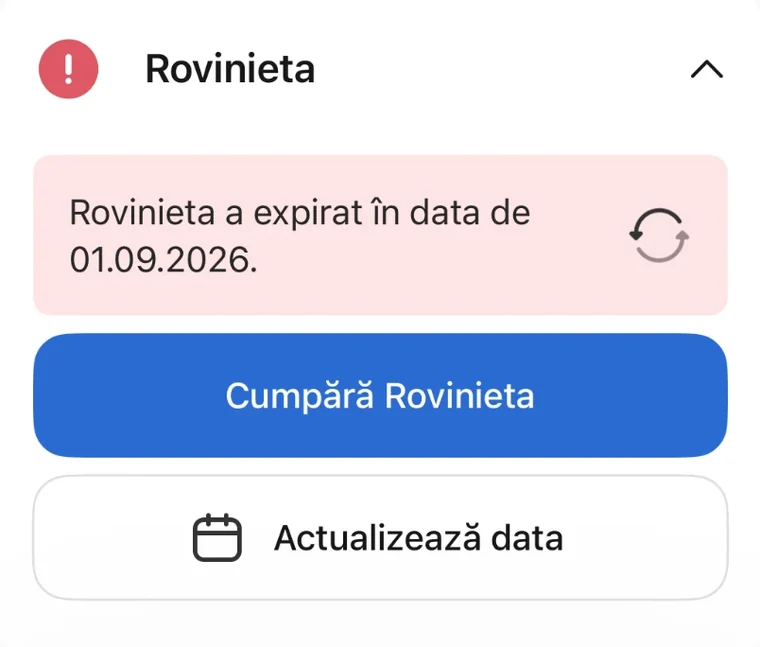 Ecran din aplicația Reasig: cardul Rovinieta cu mesajul „Rovinieta a expirat în data de 01.09.2026” și butoanele Cumpără Rovinieta și Actualizează data