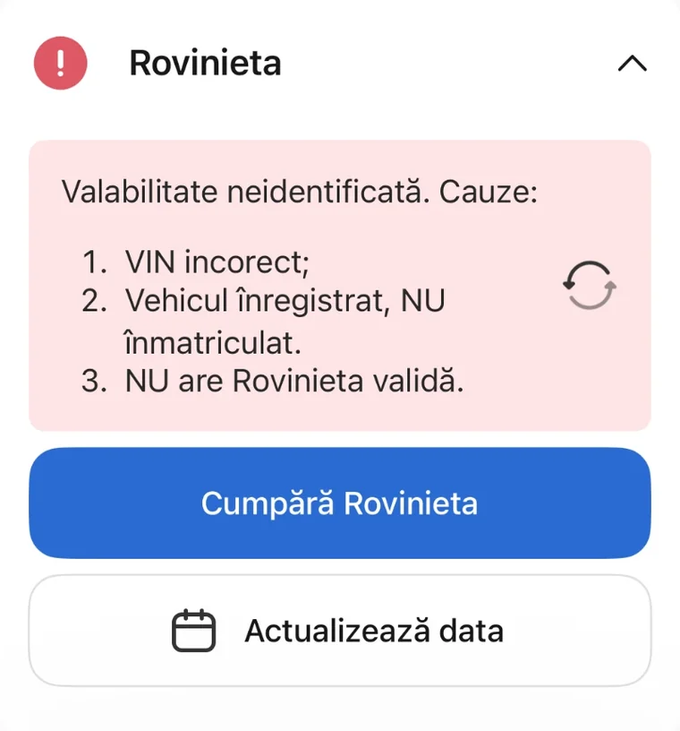 Ecran din aplicația Reasig: cardul Rovinieta cu mesajul „Valabilitate neidentificată” și cauzele posibile - VIN incorect, vehicul înregistrat nu înmatriculat, nu are rovinietă validă