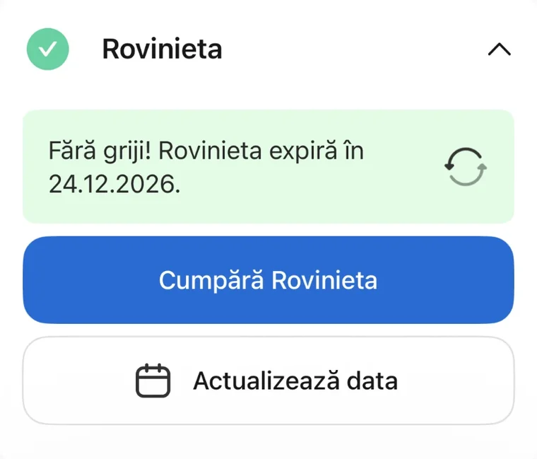 Ecran din aplicația Reasig: cardul Rovinieta cu mesajul „Fără griji! Rovinieta expiră în 24.12.2026” și butoanele Cumpără Rovinieta și Actualizează data