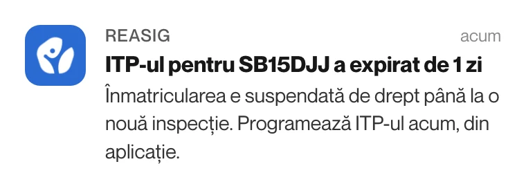 Notificare din aplicația Reasig: ITP-ul pentru SB15DJJ a expirat de 1 zi