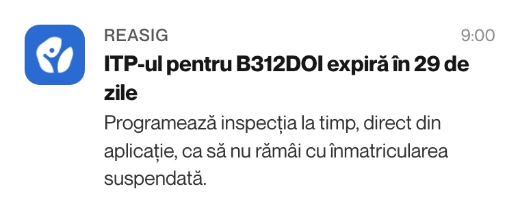 Notificare din aplicația Reasig: ITP-ul pentru B312DOI expiră în 29 de zile