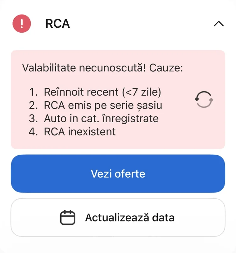 Ecran din aplicația Reasig: cardul RCA cu mesajul „Valabilitate necunoscută” și cauzele posibile - reînnoit recent, RCA emis pe seria de șasiu, vehicul înregistrat, RCA inexistent