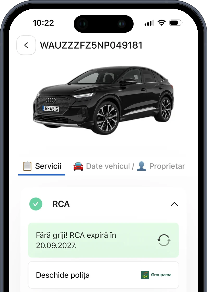 Aplicația Reasig: rezultatul verificării RCA - poliță valabilă, data expirării și asigurătorul