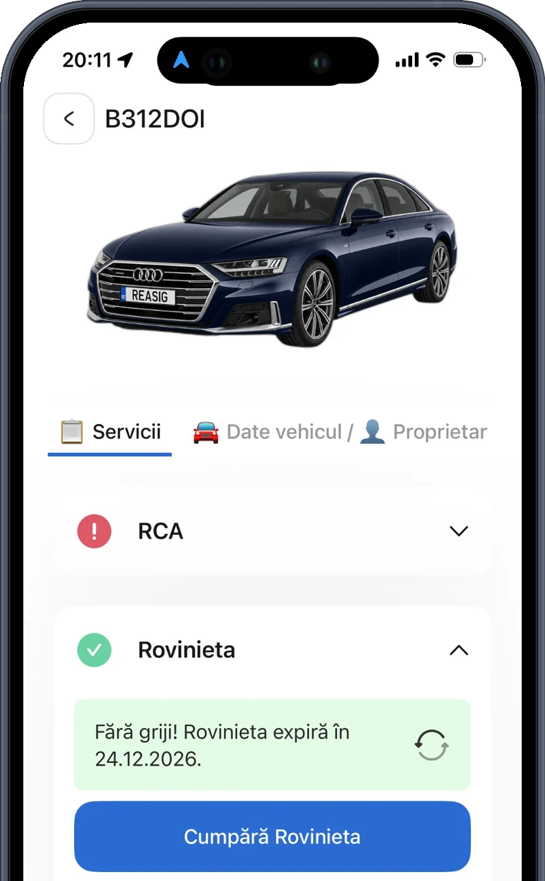Aplicația Reasig: cardul Rovinieta al vehiculului B312DOI, cu valabilitatea și butonul Cumpără Rovinieta